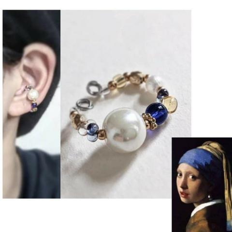 絵画フェルメール✵真珠の耳飾りの少女イメージ✵調節可能ワイヤービーズイヤーカフ　　パール