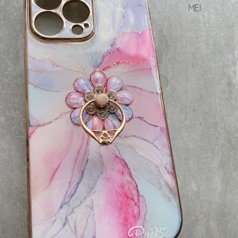 ▼.花びら型グリップ付きスマホケース♡iPhoneケース　アルコールインクアート