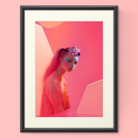 『原画』ゆめかわいいコーラルピンクでメルヘンチックな女の子と花 グラフィック絵画