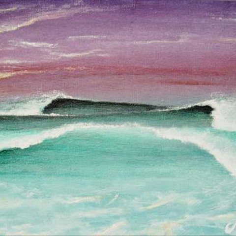  夕焼けと波［2004年 アクリル水彩画 by Nobuyuki Oshima（大嶋信之）／サーフィン・絵画・アート・イラスト］