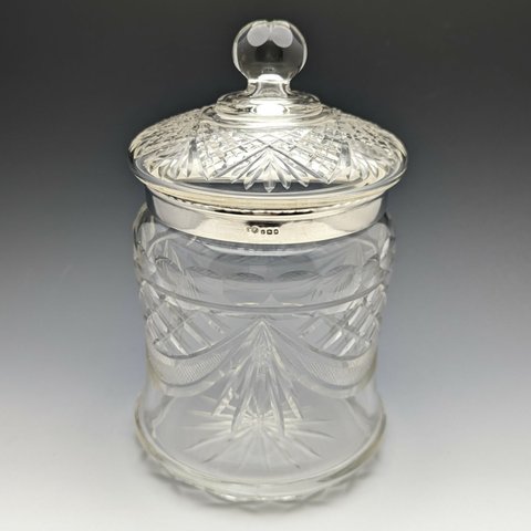 1928年 英国ヴィンテージ カットガラス ビスケットバレル 純銀装飾 831g