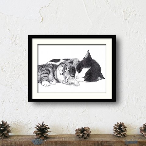 【二匹の猫ポスター】仲良くお寝んね二匹の猫のアートプリント　モノクロペン画