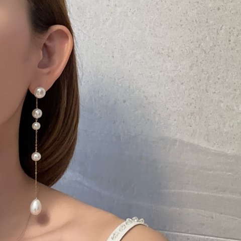 バロックパール　アシンメトリー　ロング　ピアス　イヤリング