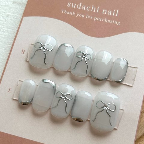 【現品1点限り】nail cip🤍リボン　シルバー　スクエア