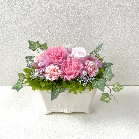 ピンク系のアレンジ♪カーネーション薔薇バラプレゼントプリザ母の日お誕生日サプライズ結婚祝いお礼ギフト