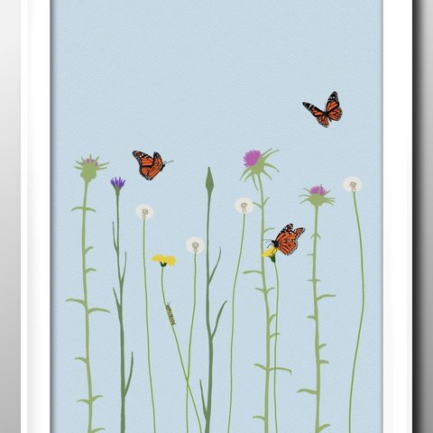 14319■アート　ポスター　絵画　A3『野に咲く花と蝶々 フラワー』イラスト　インテリア　北欧