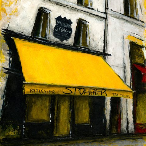 風景画 パリ 油絵「黄色いひさしのあるパティスリー」
