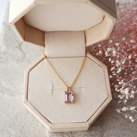 【14kgf】宝石質ピンクアメジストの一粒ネックレス(レクタングルカット)＊2月誕生石