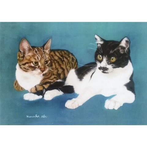 猫イラスト　「青い猫なかよし２匹」（複製画）