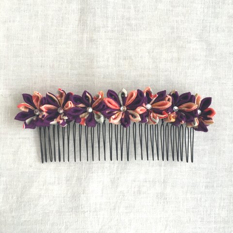 ＊正絹＊つまみ細工  紫×サンゴ色のお花コーム