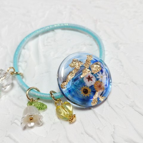  レジン 金箔 花 ヘアゴム