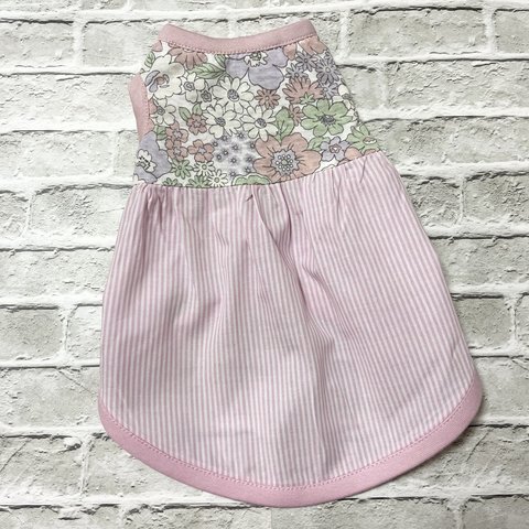 pink  flowers＆stripノースリーブワンピース　Ｓ