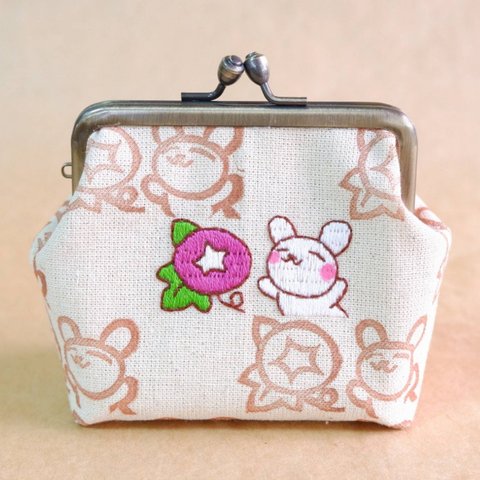 朝顔＆うさぎさん刺繍 マチ付きがま口(8,5cm)　(消しゴムはんこ柄)　※受注生産