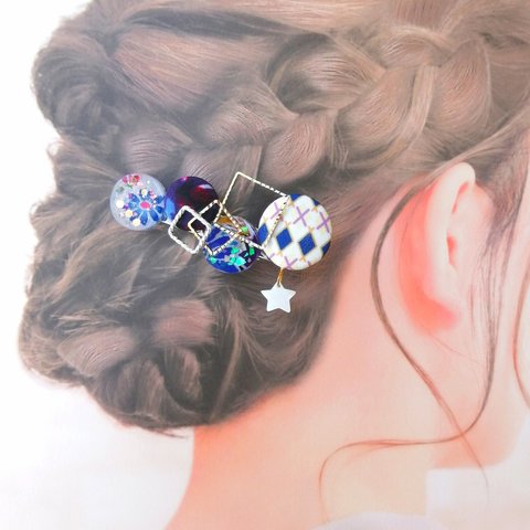 アーガイルと紅型のぎっしりヘアクリップ　揺れる星形シェル付き