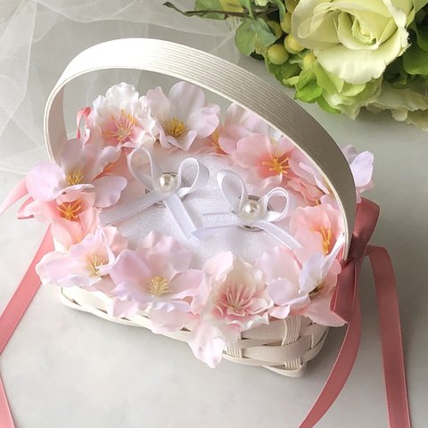 桜♡さくら♡造花なら叶います♡春婚♡リングピローかご♡クラフトカゴ