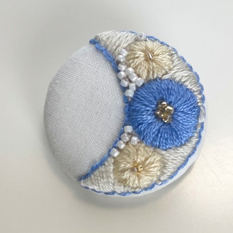 三日月　お花　刺繍ヘアゴム　ブルー　イエロー