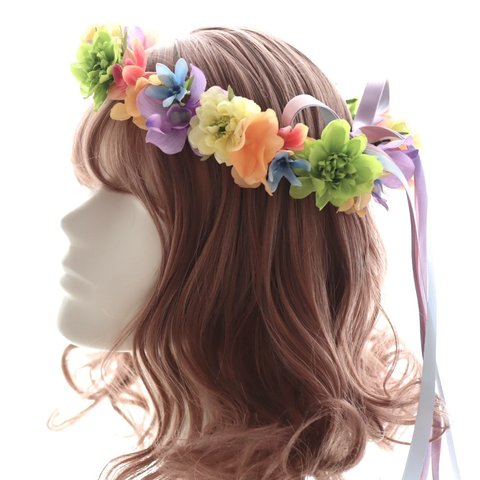 花冠　花かんむり　レインボーカラー　プルメリア　結婚式　ブライダル　ウェディング　髪飾り　ヘッドドレス　サムシングブルー