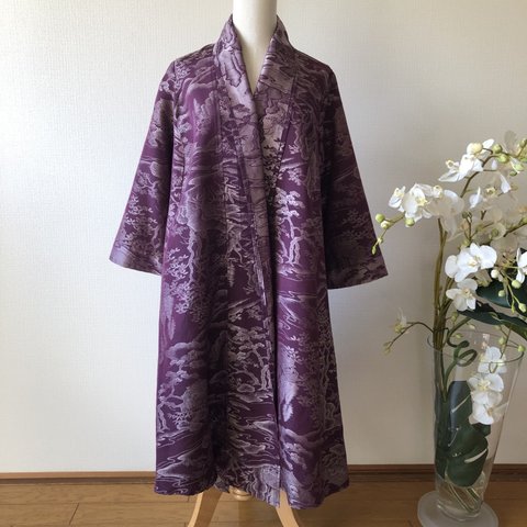 (20%off)紬(パープル)のコートドレス／着物リメイク・一点物・和服・和服リメイク・和風