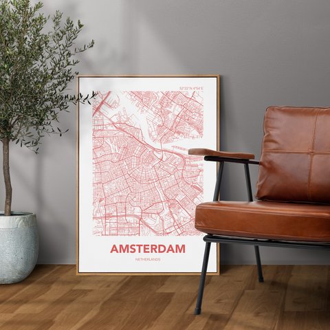 アートポスター MAP オランダ アムステルダム レッド 赤 L判 ハガキ 2L判 A4 A3 B3 A2 B2 アート モノトーン 地図 インテリアポスター【MAPRDA04】
