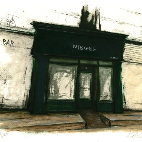 風景画 パリ 版画「通りのパン屋」