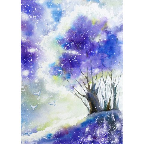 【原画】光の樹2（水彩画）★木 光 自然 鳥 絵画インテリア プレゼントに