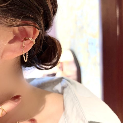  18kgp◆Hoop&chain ear cuff 1pac フープとチェーンのイヤーカフ一個売り ミニ小ぶり小さめ上品イヤーカーフ煌めく痛くないフープイヤリングフープピアスお洒落シンプル