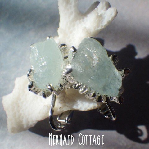 再販☆Raw Aquamarine Coral Earrings アクアマリン原石　ラフロックイヤリング