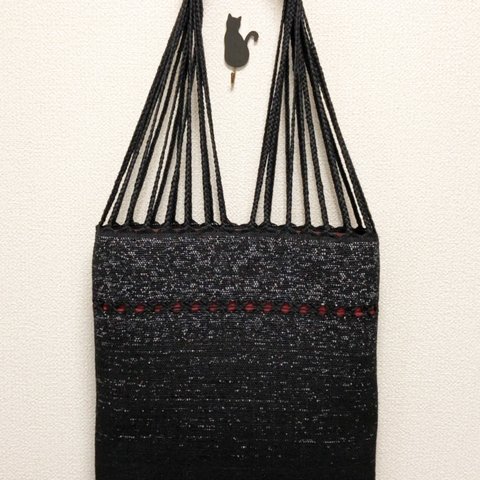 裂き織り　三つ編みトートバッグ（黒系・フラットタイプ）