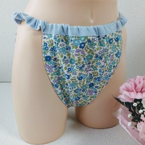 夢みるショーツ♡オーガニックふんどしパンツ(コットン・花柄・ブルー)♡ふんどしショーツ✴オーガニック下着✴パンティー✴ふんぱん