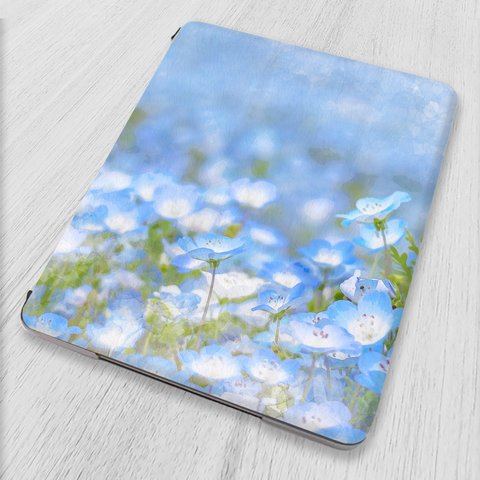 軽量♪『可憐なネモフィラ』iPadケース スマートケース フリップ カバー iPadmini6 10.2 第9世代 第10世代 Air5 Pro 絵 水彩画 春 お花見 青 ブルー