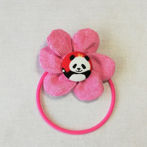 お花のヘアゴム　ピンクのパンダ