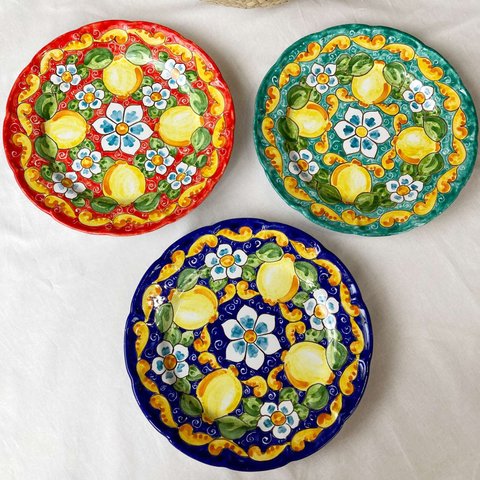 丸皿 26cm GEO017 マヨリカ焼き イタリア陶器 レモン柄 絵皿 飾り皿 パスタ皿
