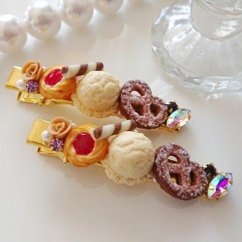 お菓子とアイスとビジューのヘアクリップ♪