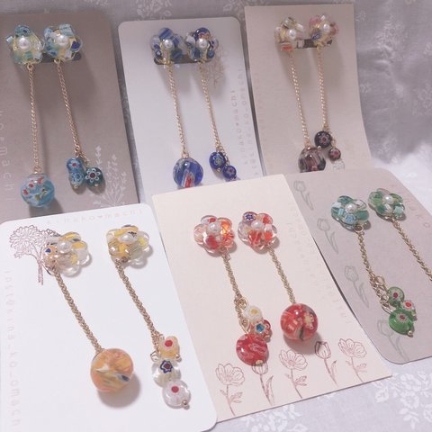 とんぼ玉×ミルフィオリのゆれる♡ピアス/イヤリング  レジンアクセサリー とんぼ玉 ミリフィオリ ギフト カラフル レジン アクセサリー