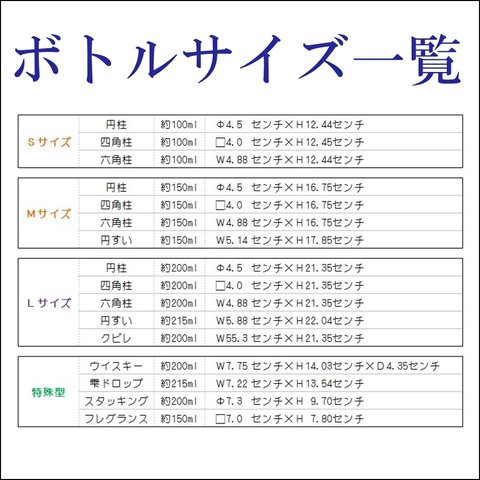 ボトルサイズのご案内　Fiore アトリエククル