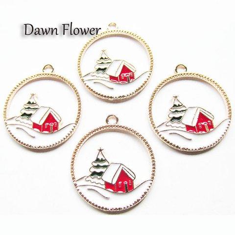 【D-0619】5pcs　クリスマスハウス　28×25mm　レッド　チャーム