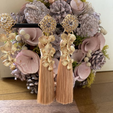 【2way tassel earring】イヤリング　タッセル　花　成人式　ウエディング　ブライダル　結婚式506