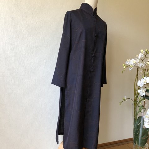 (10%off)シックな紬のアオザイ風コートドレス(マスク付き) ／着物リメイク・一点物