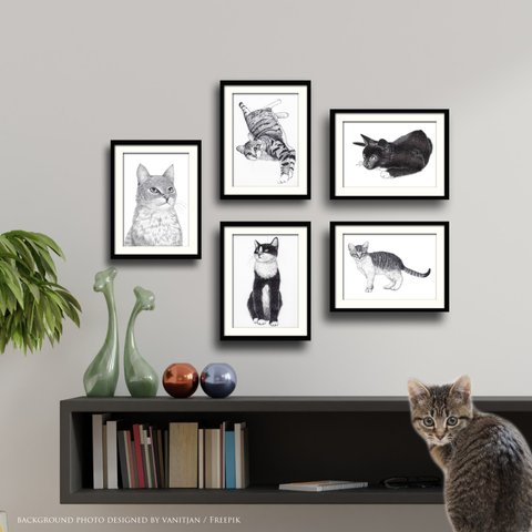 【猫ポスター5枚セット】猫のアートプリント　モノクロペン画