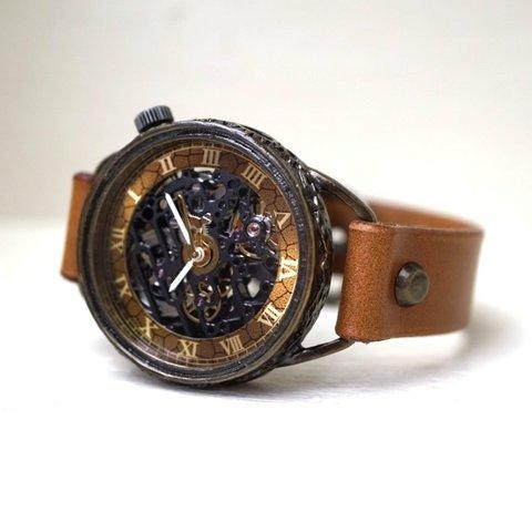 メカニックブラック　AT　キャメル　真鍮　手作り腕時計