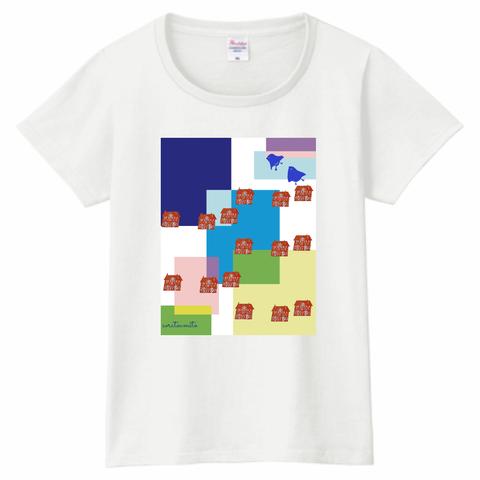 赤いお家とチドリ柄Tシャツ　サイズWM