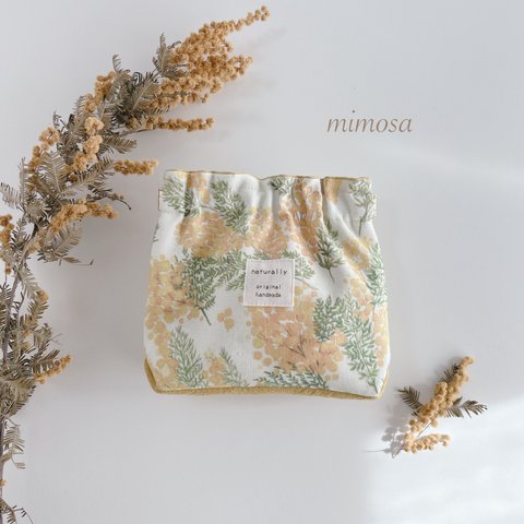 ミモザ柄　mimosa 　三角マチのバネポーチ　バネ口12cm