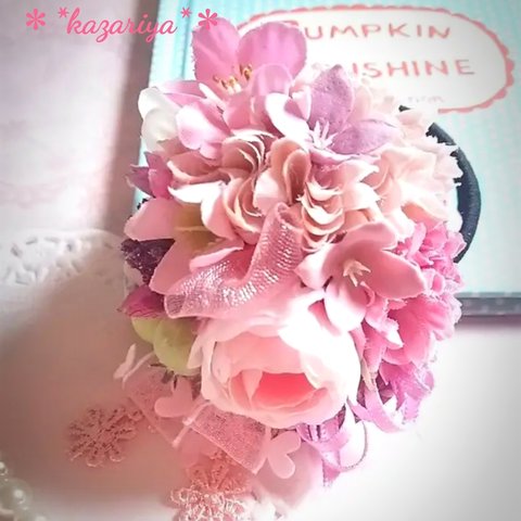 *＊Kazariya*＊桜と薔薇の優しいピンクのお花ヘアゴム。゜*＊