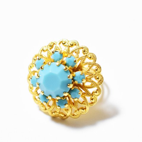 Vintage 1960’s　turquoise blue　glass goldmetal ring