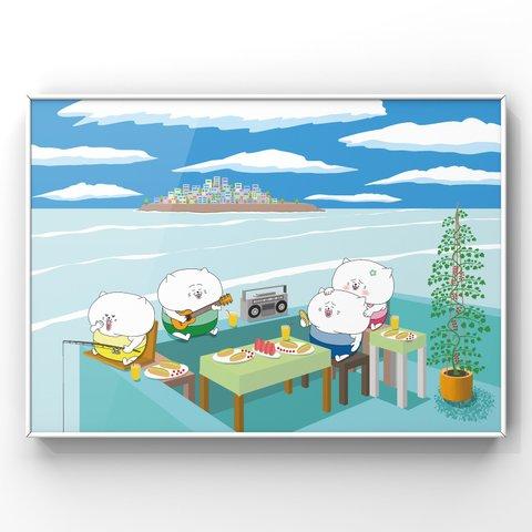 バルコニーで朝食を食べる猫達(A4サイズ)猫　絵　イラスト　絵画　可愛い　額入り　インテリア　飾る　雑貨　面白い　楽しい