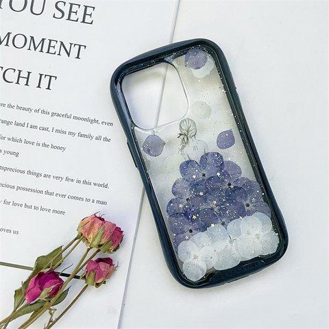 iFace風押し花スマホケース、紫陽花、iPhone全機種対応、ストラップホルダ一、手帳型、iPhone15、iPhone14、iPhone15Pro、iPhone15plus、iPhone13