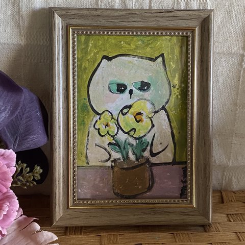 絵画。原画手描き【いい天気の中で猫ちゃんが花を植えている】