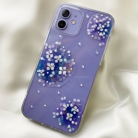【キラキラ奥行き感】紫陽花の透明感スマホケース　iPhoneケース　スマホケースiPhone13 iPhone13mini iPhone13 pro iPhone12 Android等