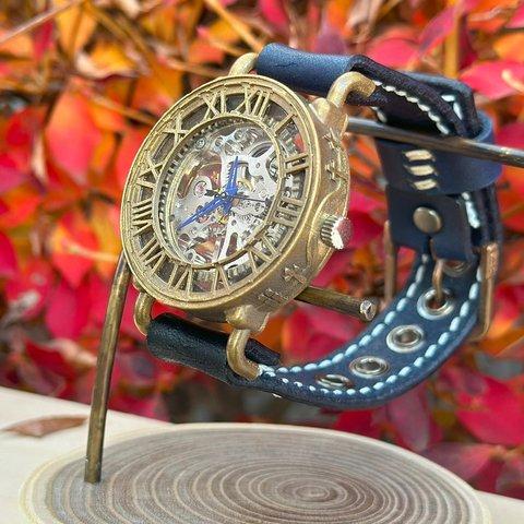 機械式手作り腕時計　Via Cassia(アンティークケース Blue針 & Navy  Blueベルト)  --- アンティークでシンプルな男性、女性兼用機械式腕時計。ベルトは牛革を使用。