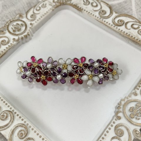 お花　バレッタ　シルバー　レジン